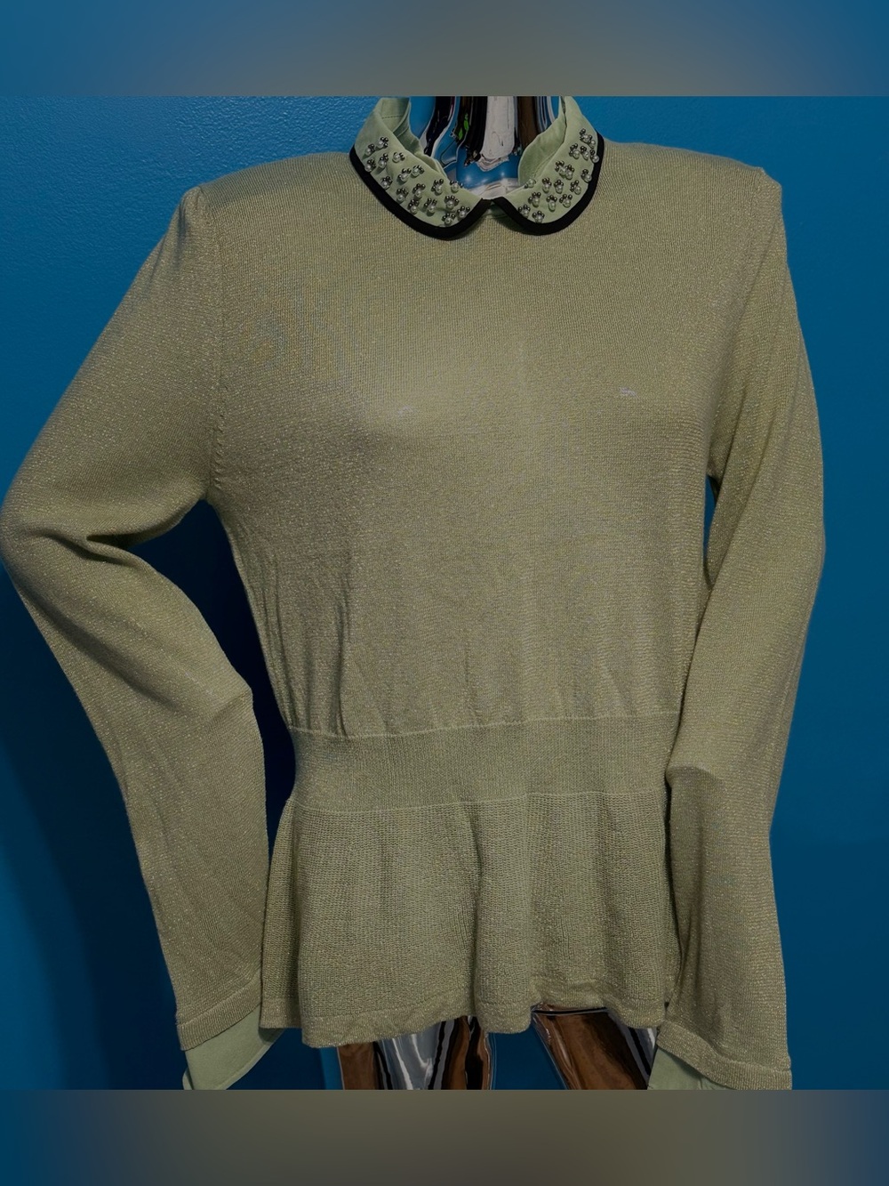 Vintage Y2K Crest Long-Sleeve Peplum Dress with Embellished Collar in Sage L